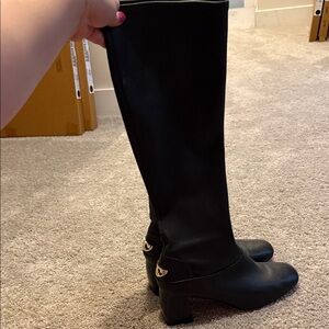 Tory Burch Black Knee-High Leather Heeled Boots with Gold Logo Detail